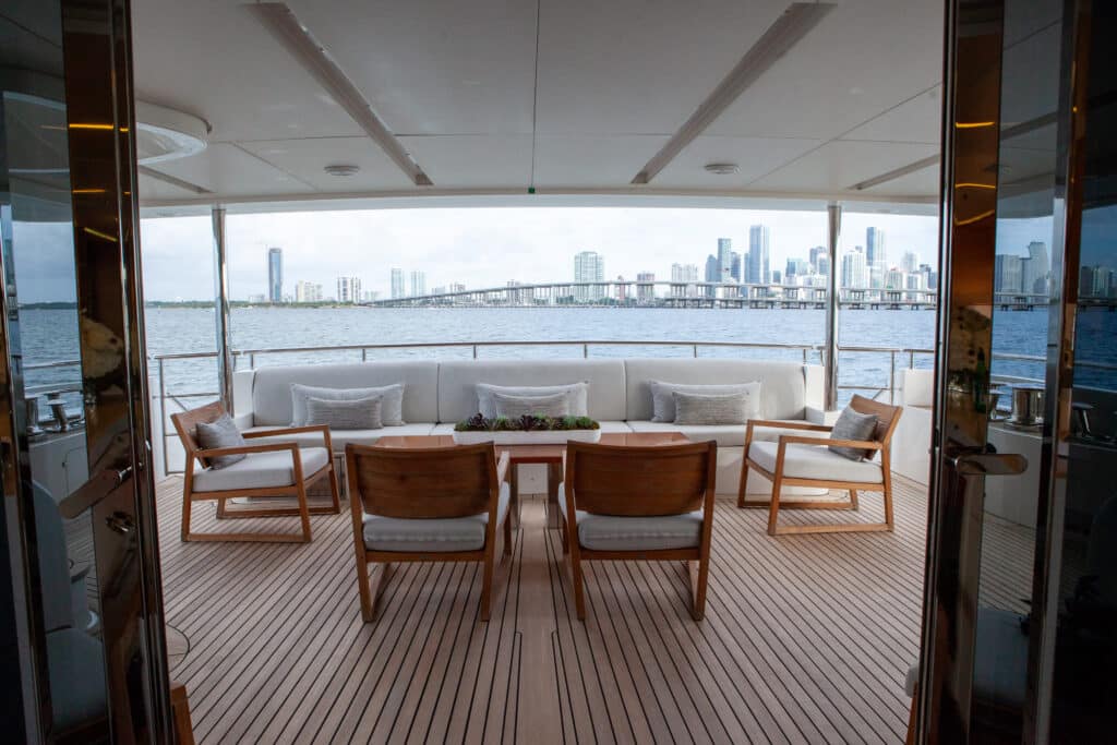 Looking out onto the Aft Deck with the Miami Beach City Skyline in the background.