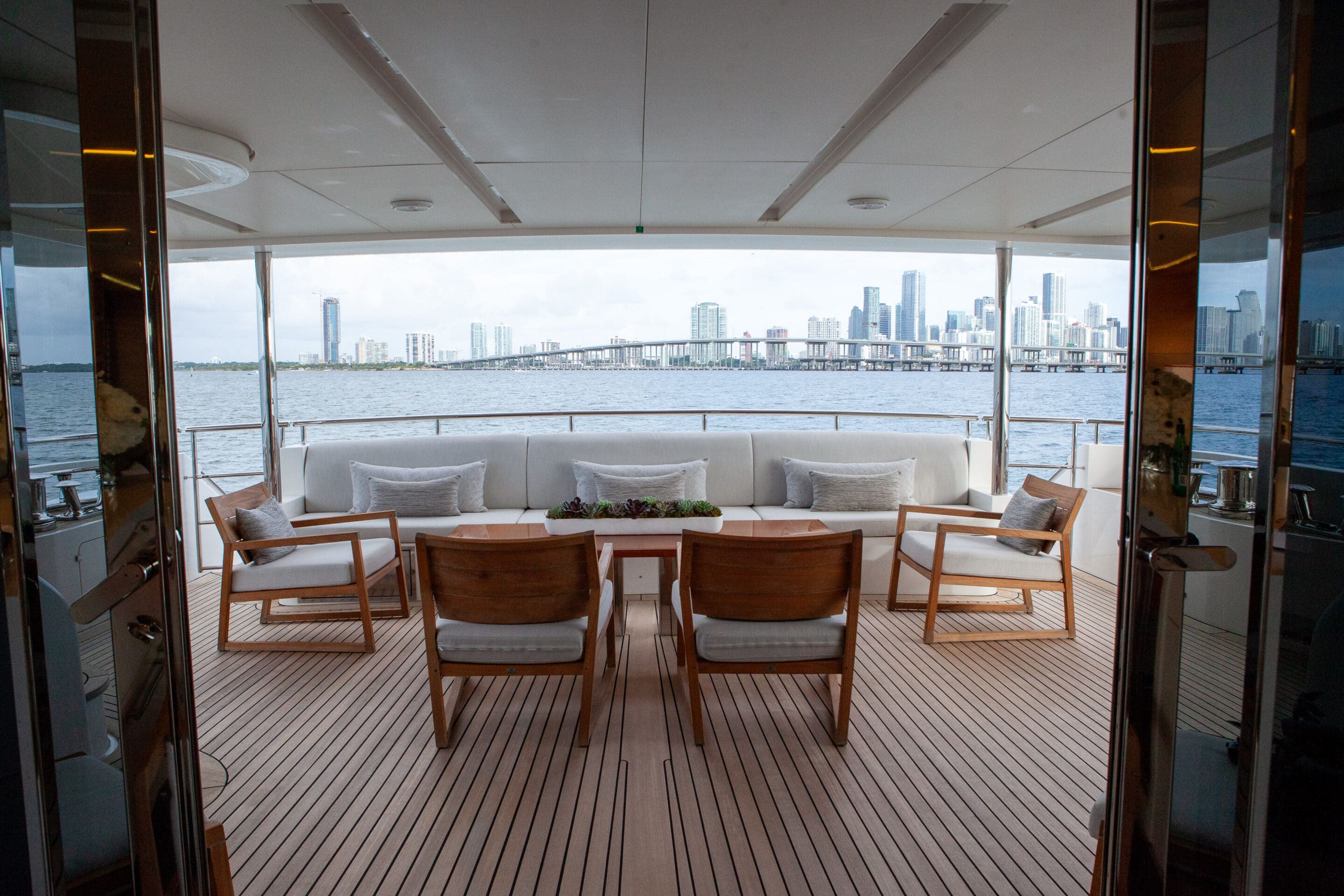 Looking out onto the Aft Deck with the Miami Beach City Skyline in the background.